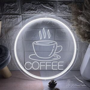 neon sign quán cafe hình tròn led trắng có hình ly