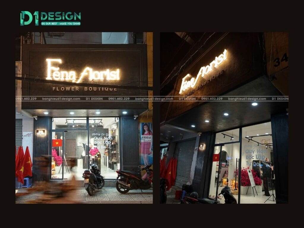 bảng hiệu cemboard shop hoa fena florist bảng hiệu shop hoa fena buổi tối đèn led