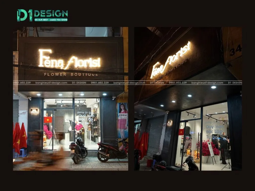 bảng hiệu cemboard shop hoa fena florist bảng hiệu shop hoa fena buổi tối đèn led