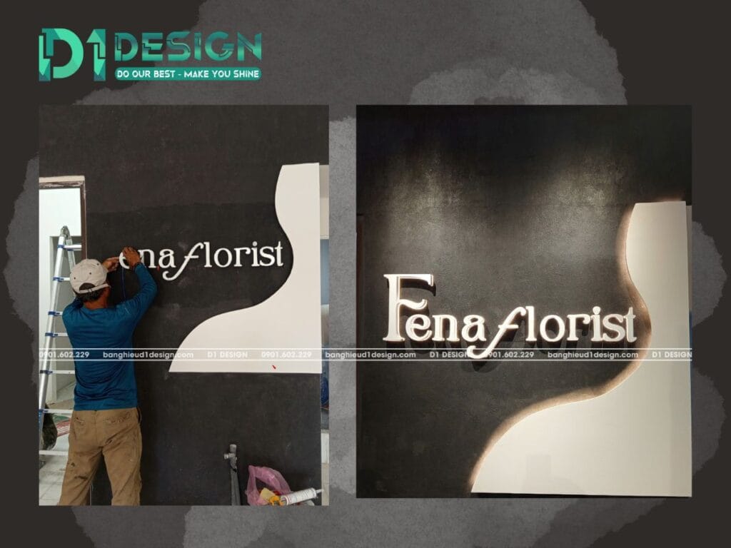 bảng hiệu cemboard shop hoa fena florist thi công chữ nổi đèn led âm vách hiệu ứng