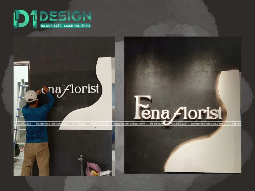 bảng hiệu cemboard shop hoa fena florist thi công chữ nổi đèn led âm vách hiệu ứng